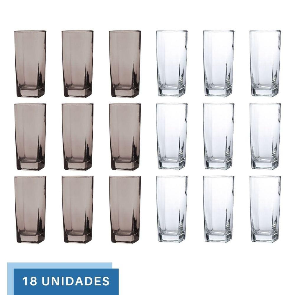 Kit Copos de Vidro 320ml 9 Transparente / 9 Cinza Texas Agua