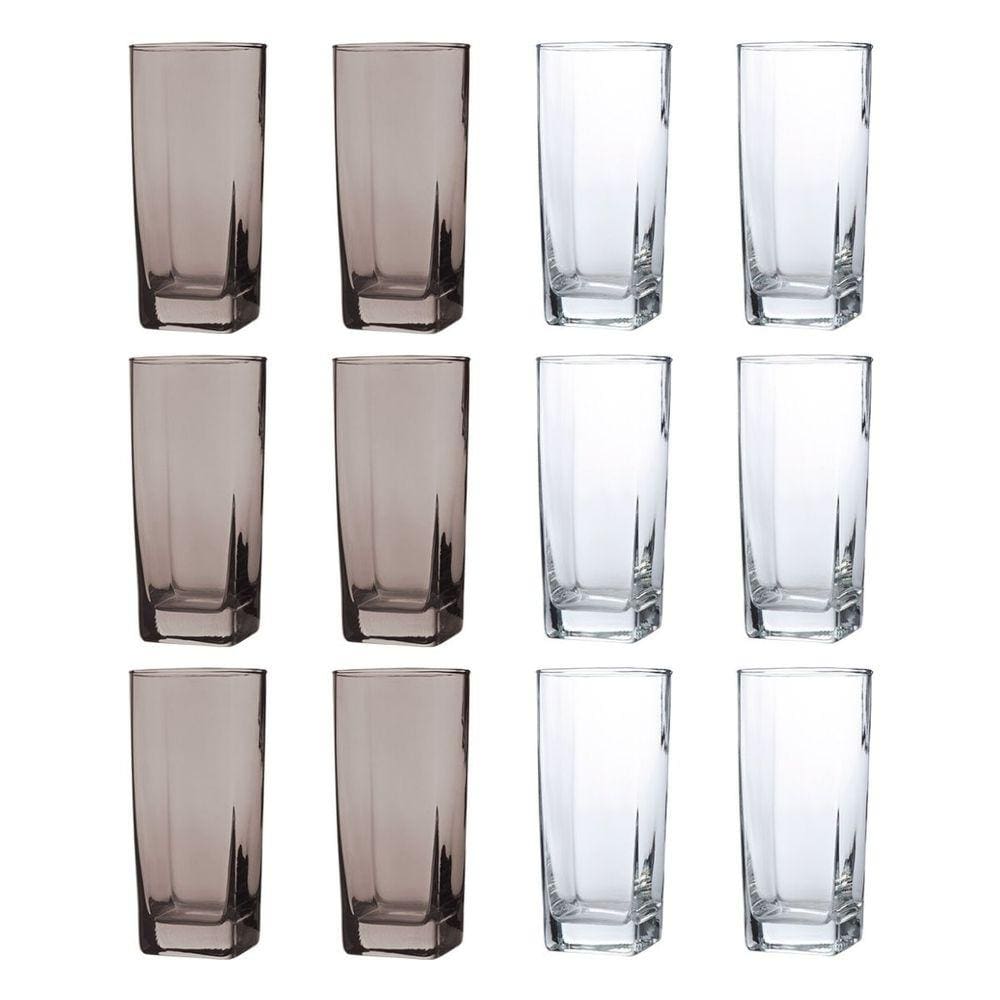 12 Copos 320ml 6x Cinza 6x Transparente Texas Vidro Quadrado