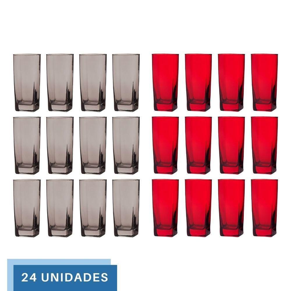 24 Copo de 320ml 12x Cinza 12x Vermelho Texas Vidro Quadrado