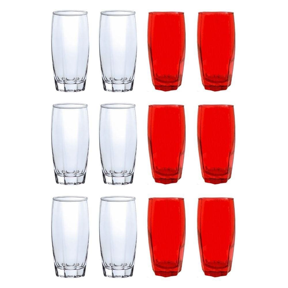 12 Copo 370ml 6x Transparente 6x Vermelho Florida Vidro