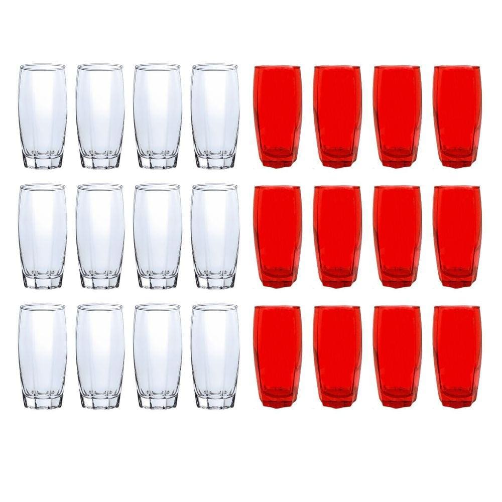 24 Copo 370ml 12x Transparente 12x Vermelho Florida Vidro
