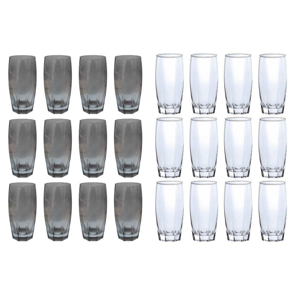 24 Copo de 370ml 12x Cinza 12x Transparente Florida Vidro