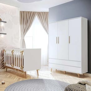 Quarto de Bebê Retrô Lorena Berço 3 em 1 Ludmila Guarda Roupa Infantil Branco Bétula Carolina Baby