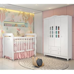 Quarto de Bebê Provençal Lisa Berço Mini Cama Guarda Roupa Infantil 4 Portas Branco Carolina Baby