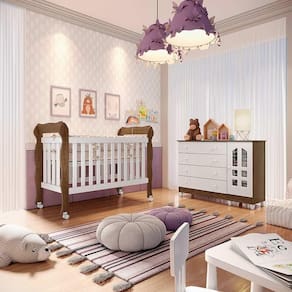 Quarto de Bebê Gran Selena Berço 3 em 1 Lila Cômoda com Porta Branco Amadeirado Carolina Baby
