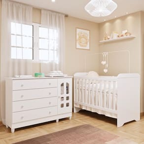 Quarto de Bebê Gabrielle Cômoda com Porta Gran Selena Berço 3 em 1 Branco com Bétula Carolina Baby