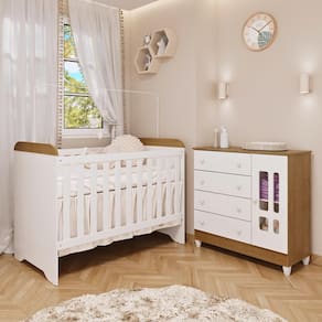 Quarto de Bebê Gabrielle Cômoda com Fraldário Ariel Berço 3 em 1 Branco com Bétula Carolina Baby