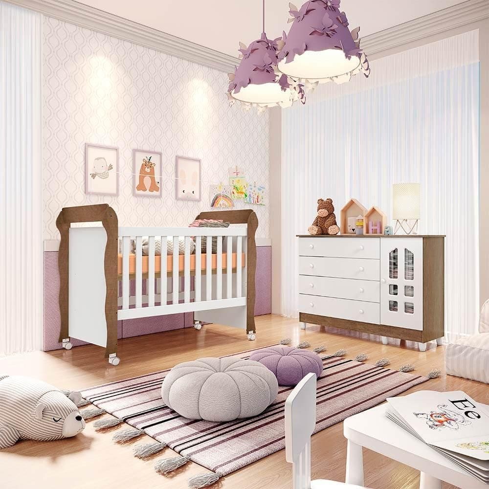 Quarto de Bebê Gran Selena Berço Mini Cama Mirelle Cômoda Infantil com Porta Branco Amadeirado Carolina Baby