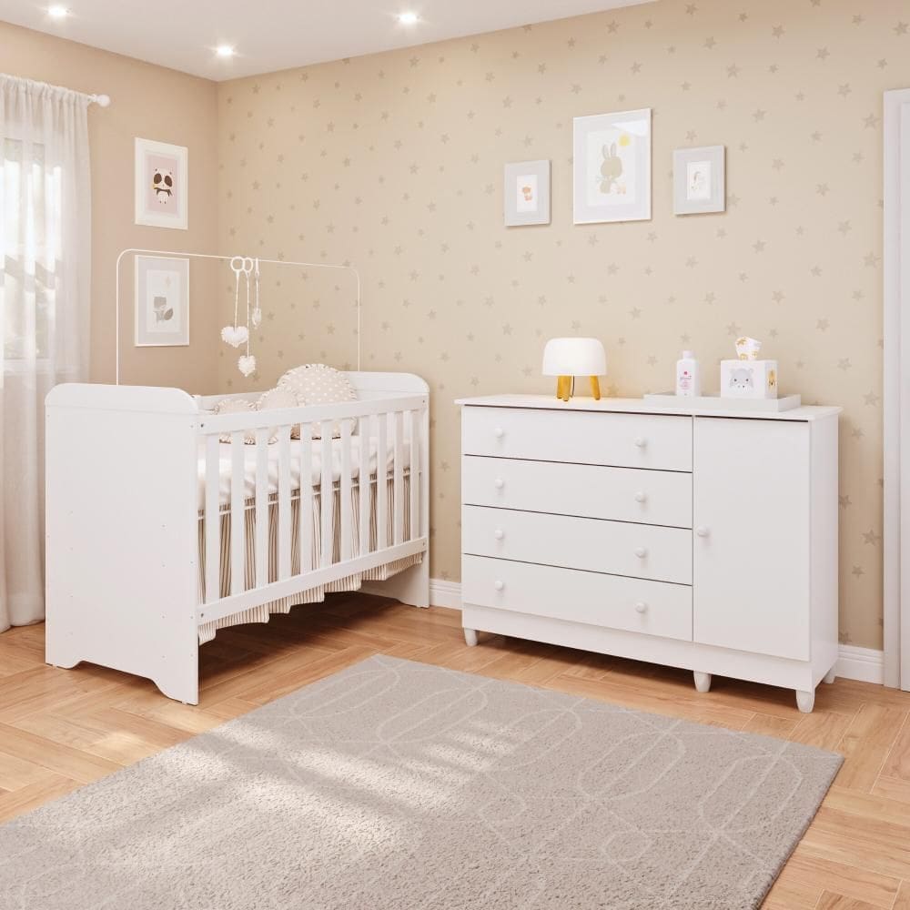 Quarto de Bebê Taís Berço 3 em 1 Gabrielle Cômoda Infantil 4 Gavetas com Porta Branco Carolina Baby