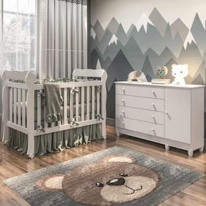 Quarto de Bebê Taís Berço 3 em 1 Lila Cômoda Infantil 4 Gavetas com Porta Branco Brilho Carolina Baby