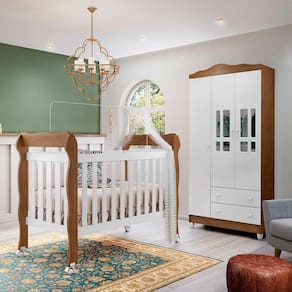 Quarto de Bebê Guarda Roupa 3 Portas Ariel Berço 3 em 1 Lila Branco Amadeirado Carolina Baby