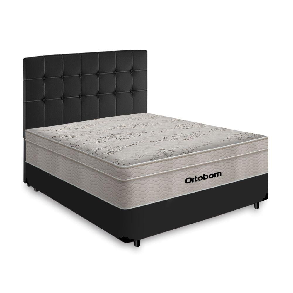Box + Cabeceira Cassis e Colchão Casal- Ortobom- AirTech SpringPocket- 138x188x60cm Preto