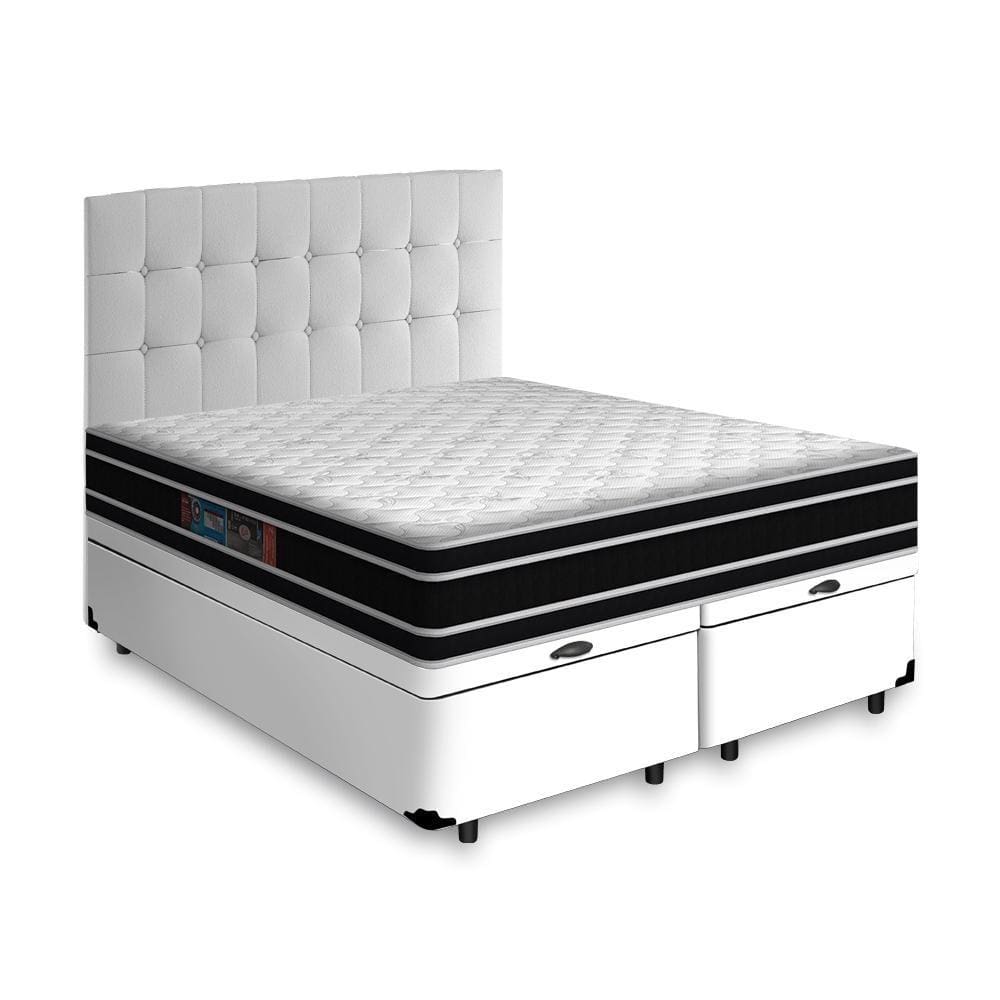 Cama Box Baú + Cabeceira Cassis e Colchão Queen - Castor - Black White D33 - 158x198x69cm Branco