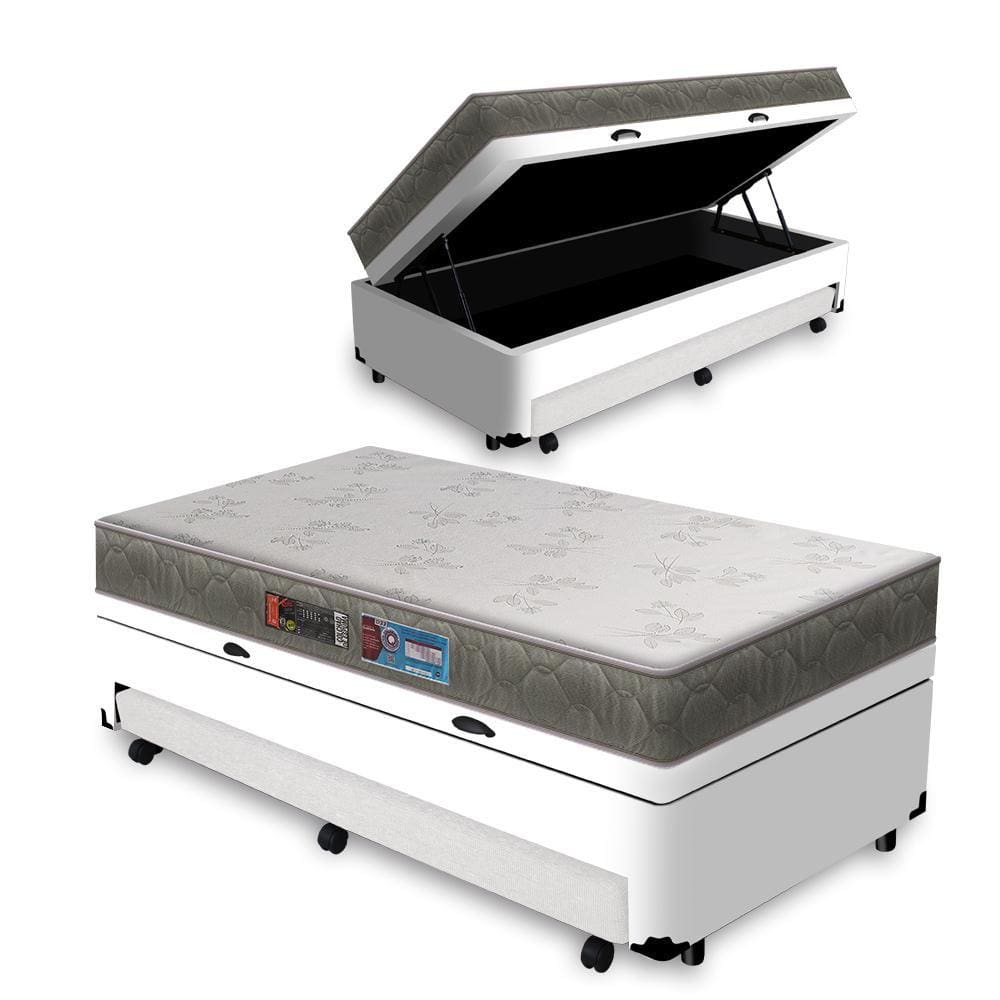 Cama Box Baú e Auxiliar Solteiro Branca + Colchão De Espuma D33 Solteiro Castor Sleep Max 88cm