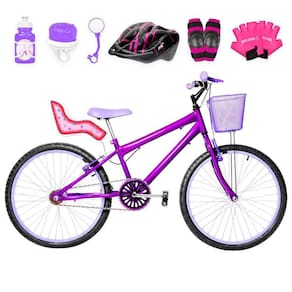 Bicicleta Aro 24 Alumínio + Kit Premium Violeta E Lilás