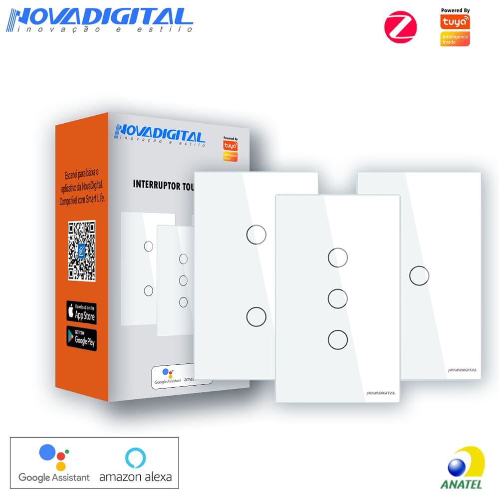 Interruptor 3 Botões ZigBee 3.0Touch Inteligente NovaDigital