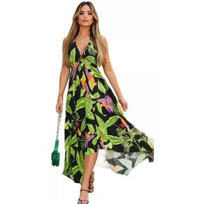Vestido Frente Única Longo Floral 100% Viscose - Tam G