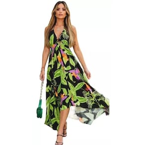 Vestido Frente Única Longo Floral 100% Viscose - Tam M