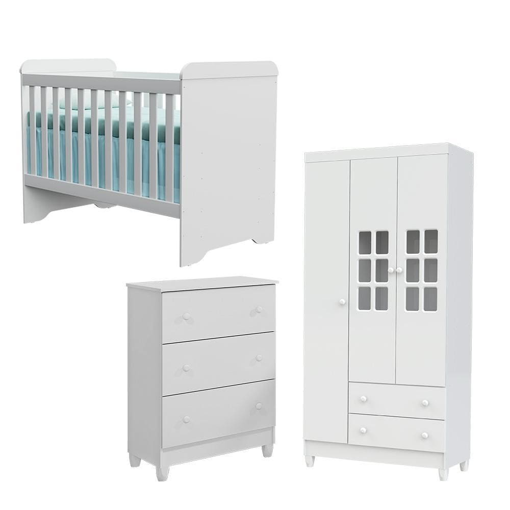 Quarto de Bebê Guarda Roupa 3 Portas com Gavetas Ariane Cômoda 3 Gavetas Bianca Berço 3 em 1 Gabrielle Branco Brilho Carolina Baby