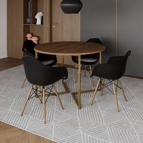 Mesa Jantar Industrial Redonda 110cm Amêndoa Base V Dourada com 4 Poltronas Eames Eiffel Daw Madeira