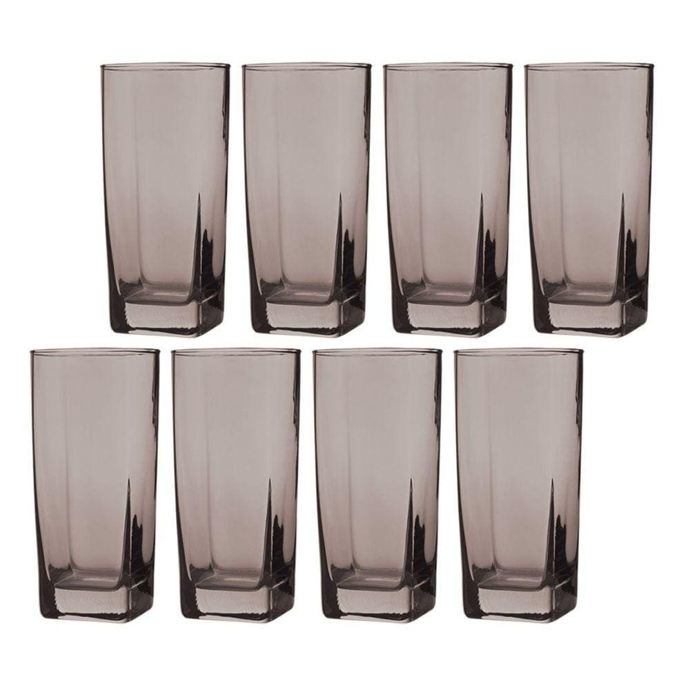 Conjunto Com 8 Copos Vidro Bali Quadrado Sucos 320ml Cinza