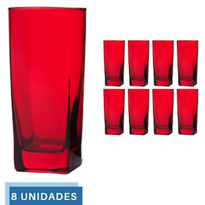 Copo Vidro 320ml Quadrado BALI Jogo com 8 Vermelho Luxo