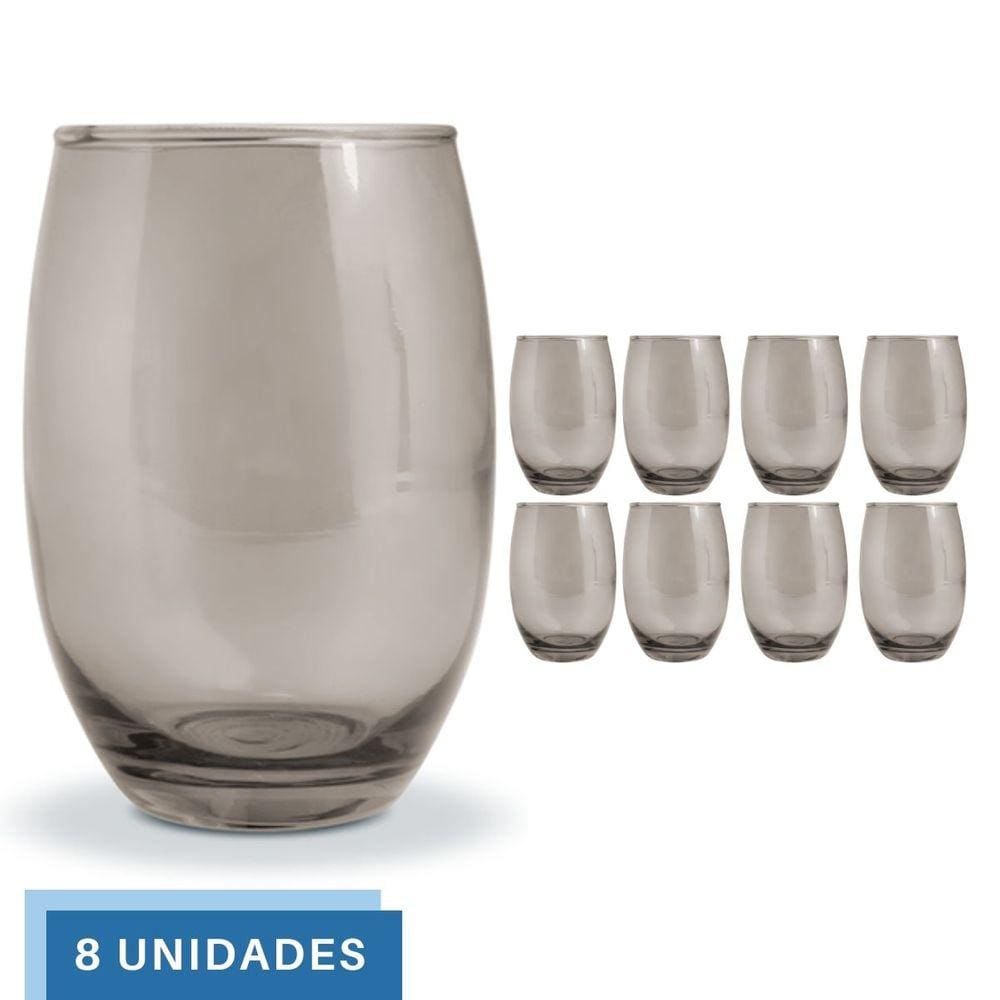 Copo De Vidro 450ml Redondo BELLAGIO Jogo com 8 Cinza Luxo