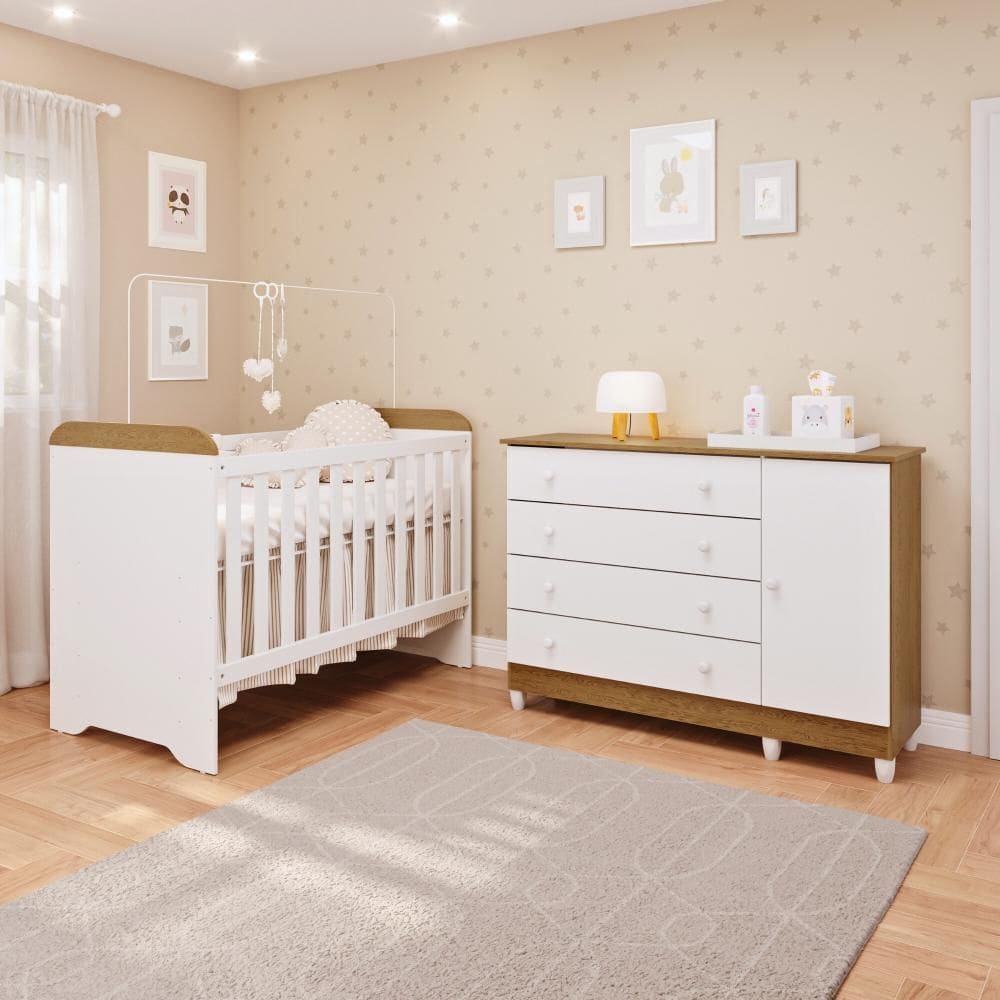 Quarto de Bebê Gabrielle Cômoda 4 Gavetas com Fraldário Taís Berço 3 em 1 Branco com Bétula Carolina Baby