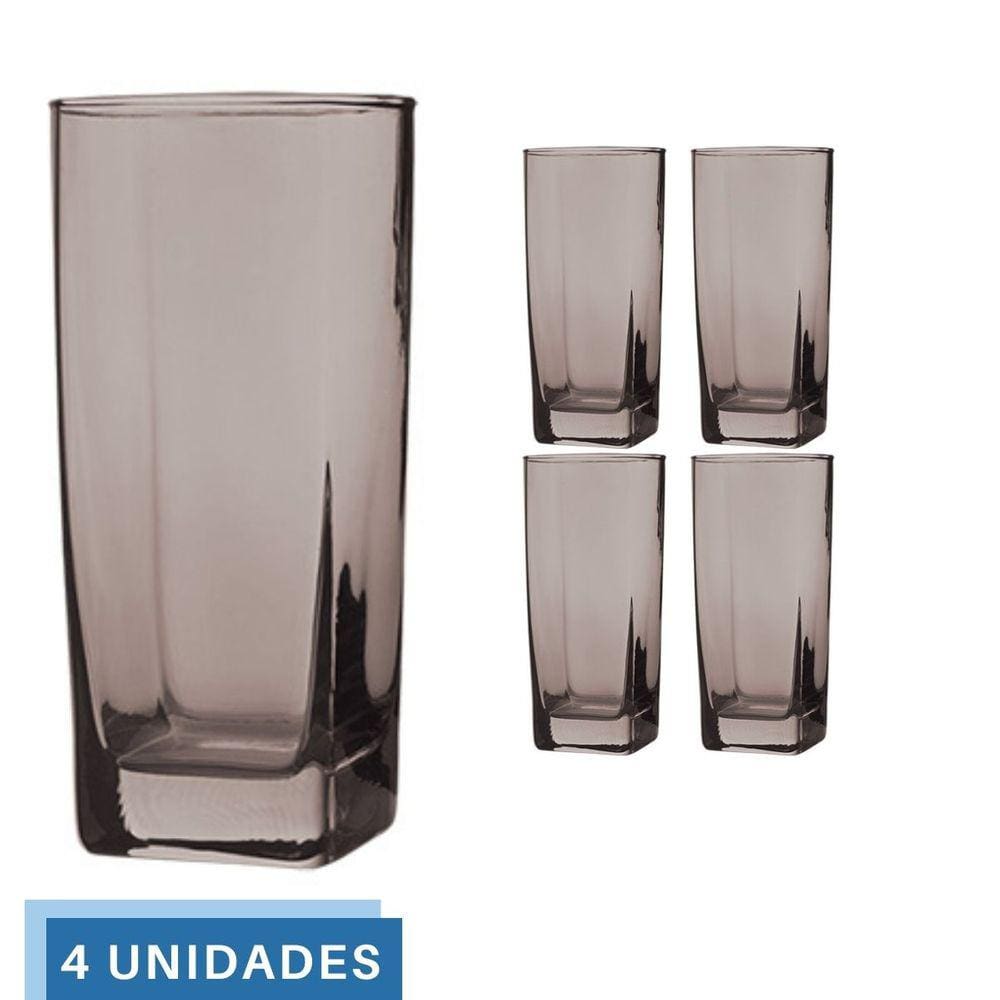Copo Vidro 320ml Quadrado BALI Jogo com 4 Cinza Luxo Agua