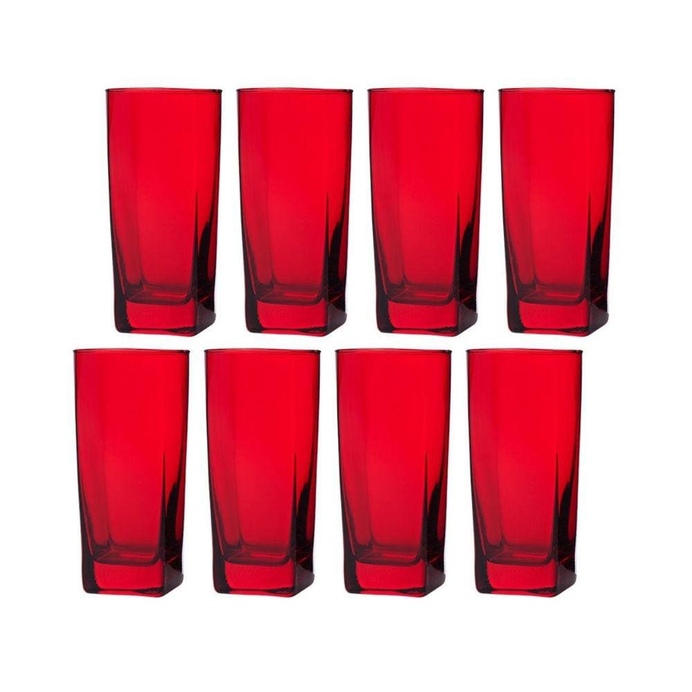 Conjunto Com 8 Copos Vidro Bali Quadrado 320ml Vermelho