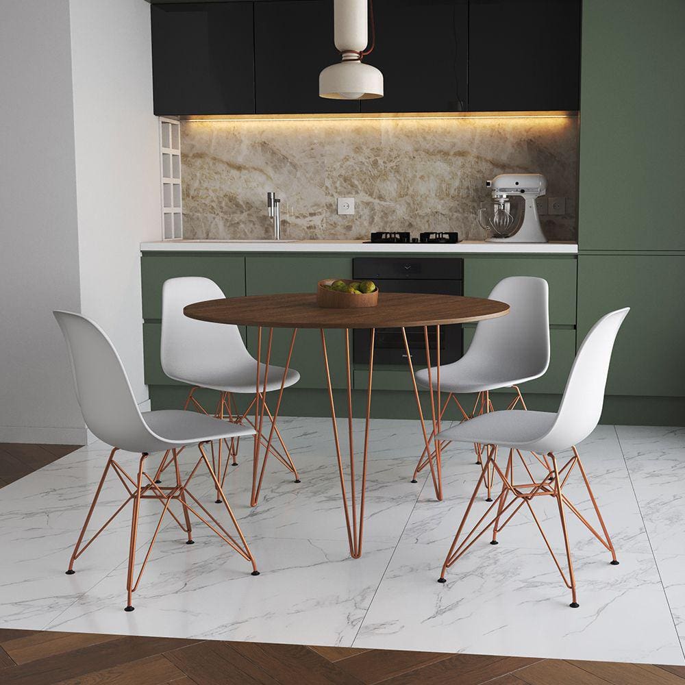 Mesa Jantar Redonda 110cm Amêndoa Clips 3 Pés com 4 Cadeiras Eames Eiffel Brancas Base Cobre