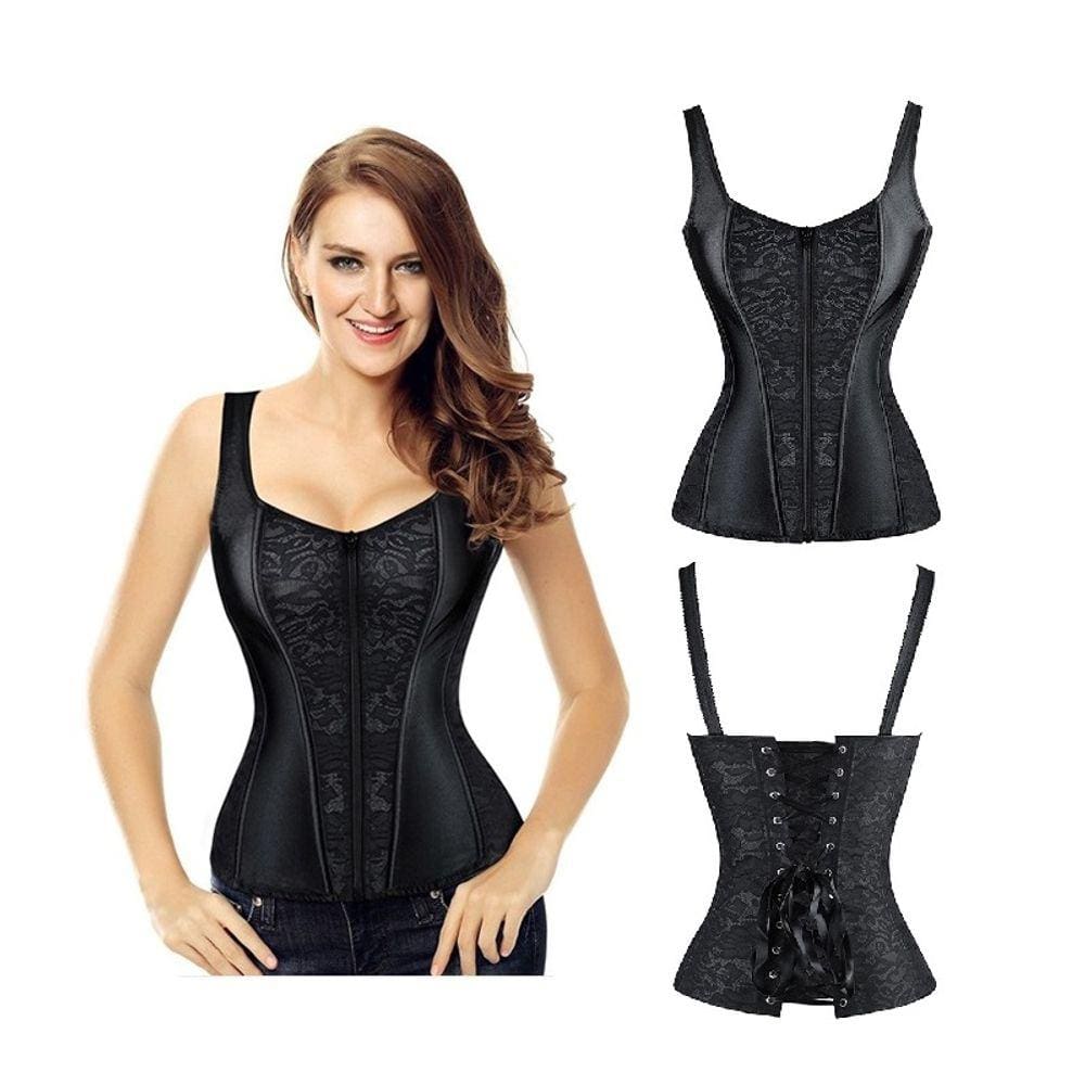 Corselet Corset Corpete Realça Cintura Alça e Zíper Frontal Linha Fashion Preto M39