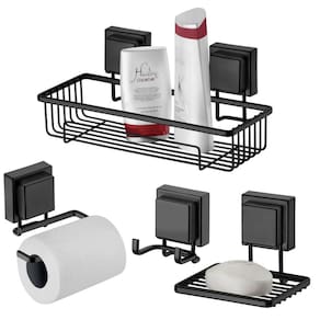 Kit Banheiro 4 Peças Suporte Porta Shampoo Papel Higiênico Saboneteira Gancho Duplo Ventosa Preto Fosco  - Future