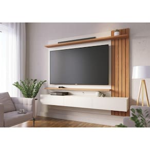 Painel Para TV até 70 Polegadas 3 Portas Basculantes 2 Prateleiras Juriti Colibri Off White Matte/Freijó