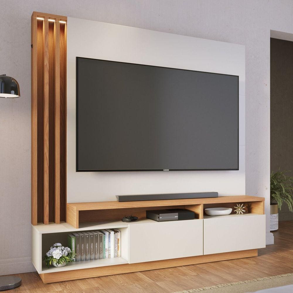 Estante Home Theater com Led Para TV até 75 Polegadas 2 Portas Humaitá Colibri Off White Matte/Freijó