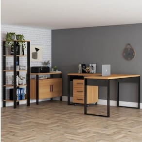Conjunto Home Office 4 Peças 1 Mesa em L 1 Gaveteiro 1 Balcão 1 Estante Pradel Móveis Freijó/Preto