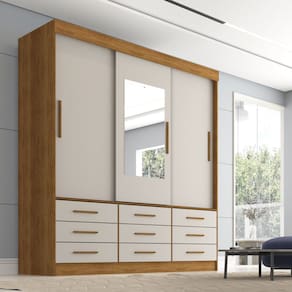 Guarda Roupa Casal 3 Portas 9 Gavetas com Espelho Luana Sallêto Móveis Cinamomo/Off White