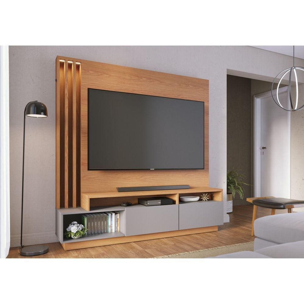 Estante Home Theater com Led Para TV até 75 Polegadas 2 Portas Humaitá Colibri Freijó/Cinza