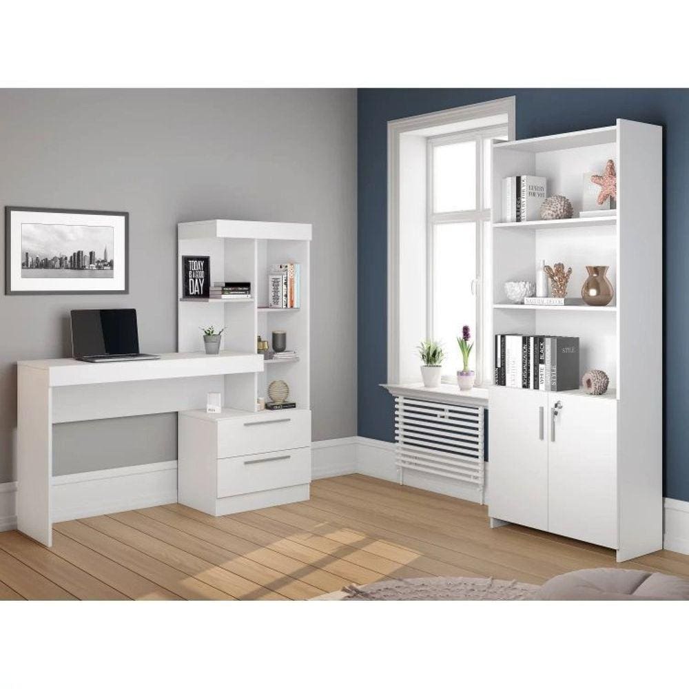 Conjunto Home Office 2 Peças 1 Escrivaninha com Estante 1 Armário 2 Portas Espresso Móveis Branco