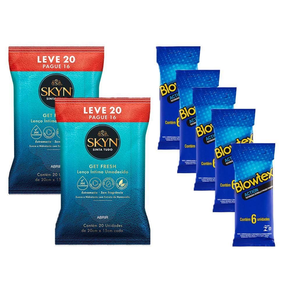 Kit Preservativo Blowtex Action c\30un + Lenços Umedecidos Skyn Leve 40un