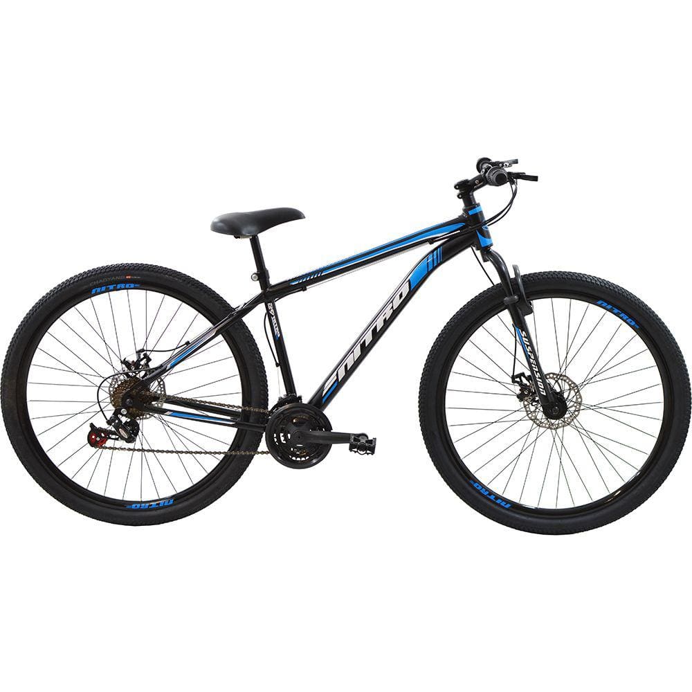 Bicicleta Aro 29 MTB Quadro 17" Freio a Disco Mecânico 21 velocidades Nitro Steel Preta/Azul Poli Sports