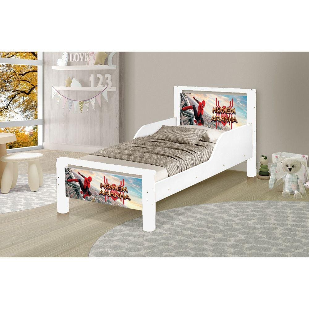 cama juvenil retro branco com pes madeira da homem aranha