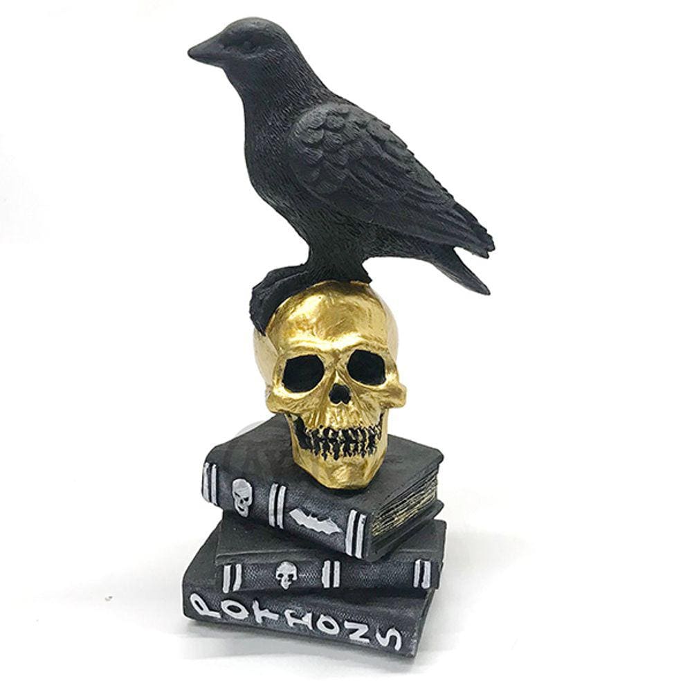 Corvo e Caveira Cranio Esqueleto Livros Estatueta em Resina - Dourado