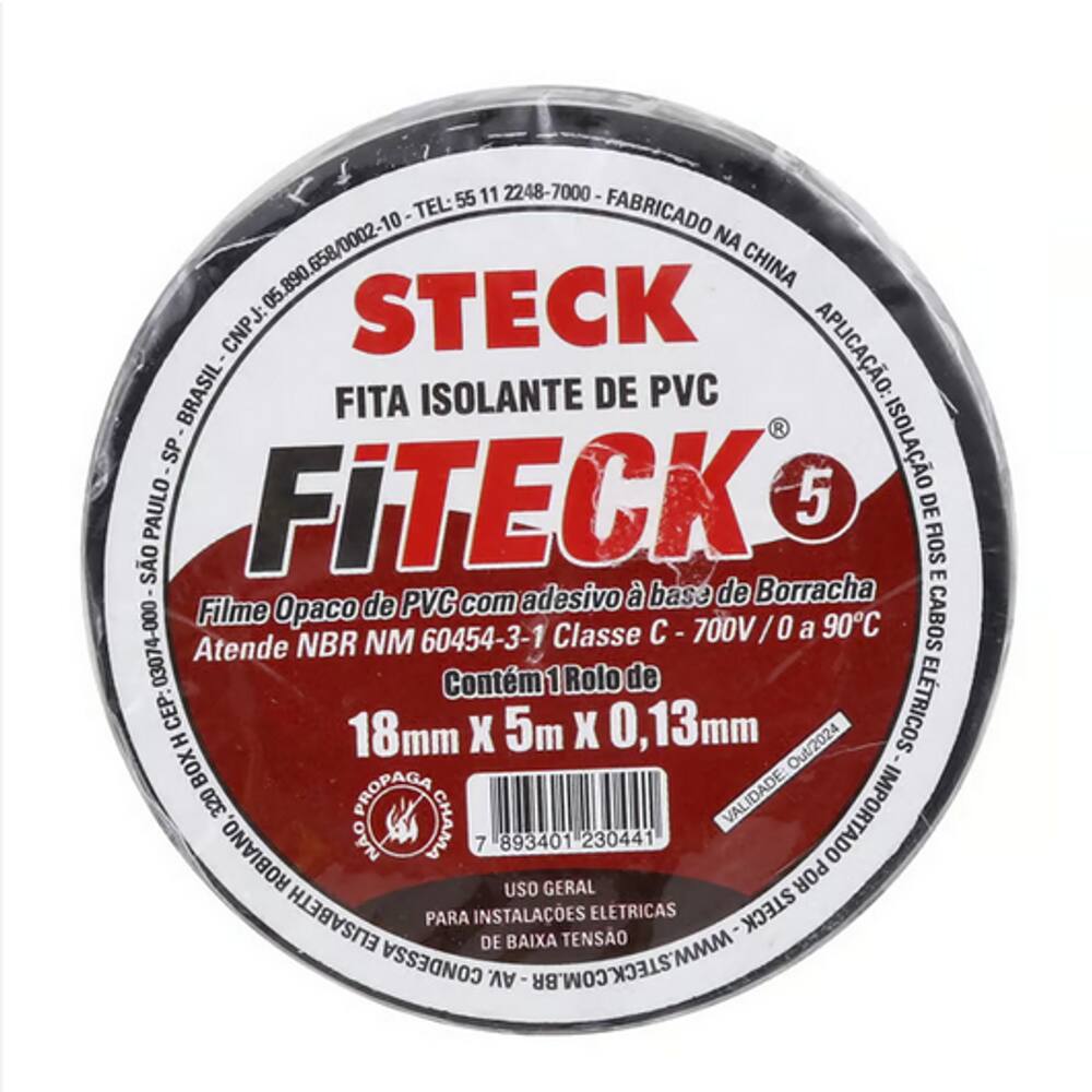 Fita isolante 18mm x 13mm x 5 metros ou 10 metros - Fiteck preta Steck