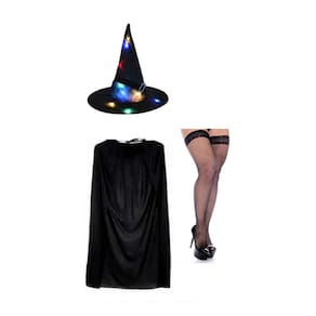 Fantasia Bruxa C/ Chapéu Led Preto Capa e Meia Arrastão