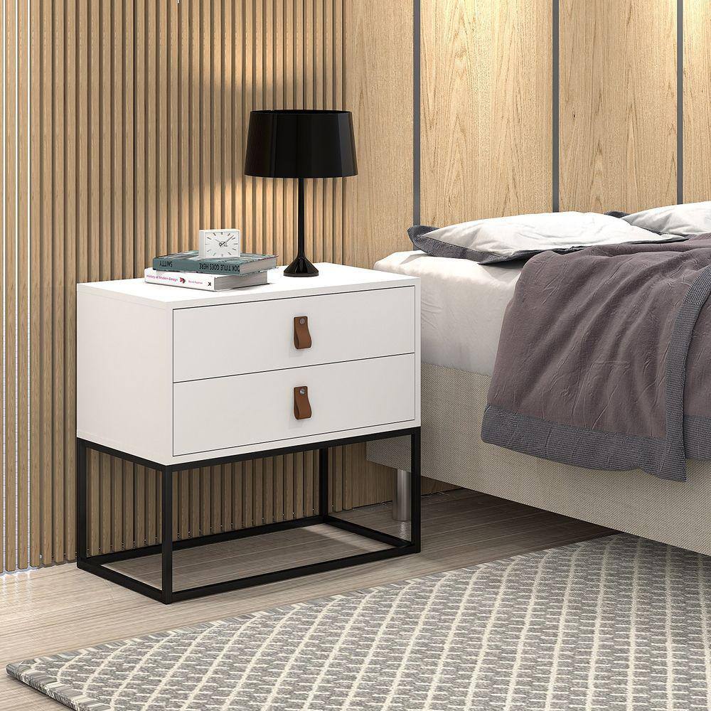 Mesa de Cabeceira Branco Unic 60 Estilo Industrial Puxador de Couro Base Ferro Preto