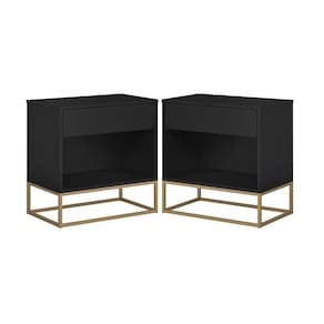 Conjunto 2 Mesa Cabeceira Preto P/ Quarto Estilo Industrial Base De Ferro Dourado