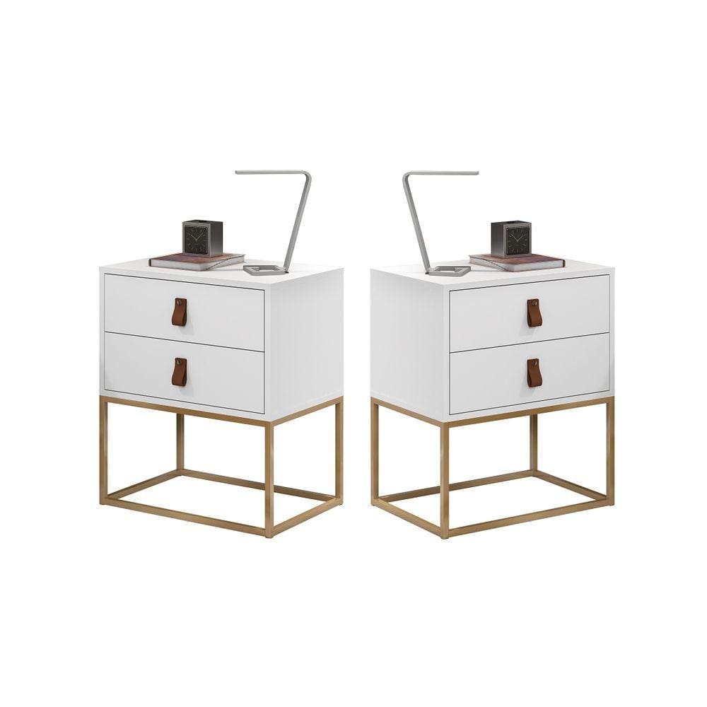 Conjunto 2 Mesa Cabeceira Estilo Industrial Com Puxadores De Couro E Base De Metal Dourado