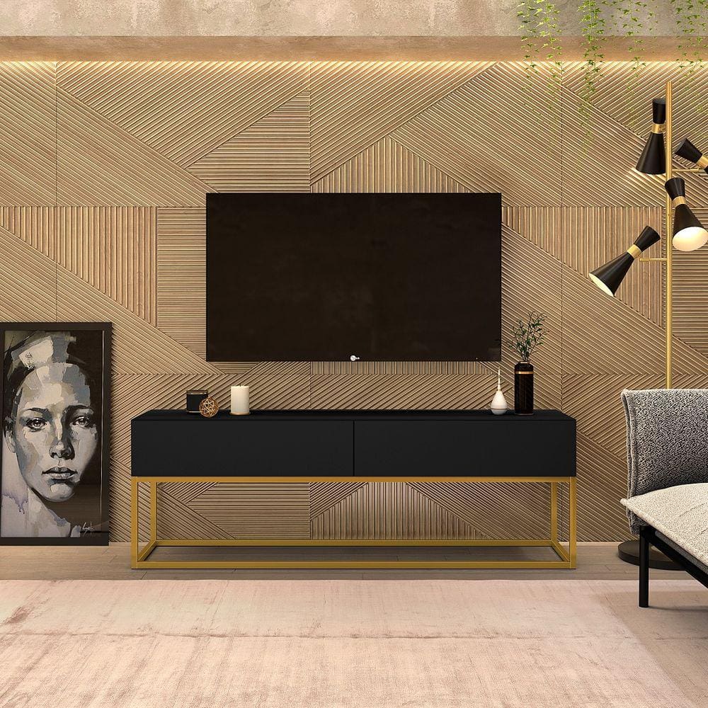 Rack Eros Estilo Industrial 140cm Sala Estar Preto/Dourado