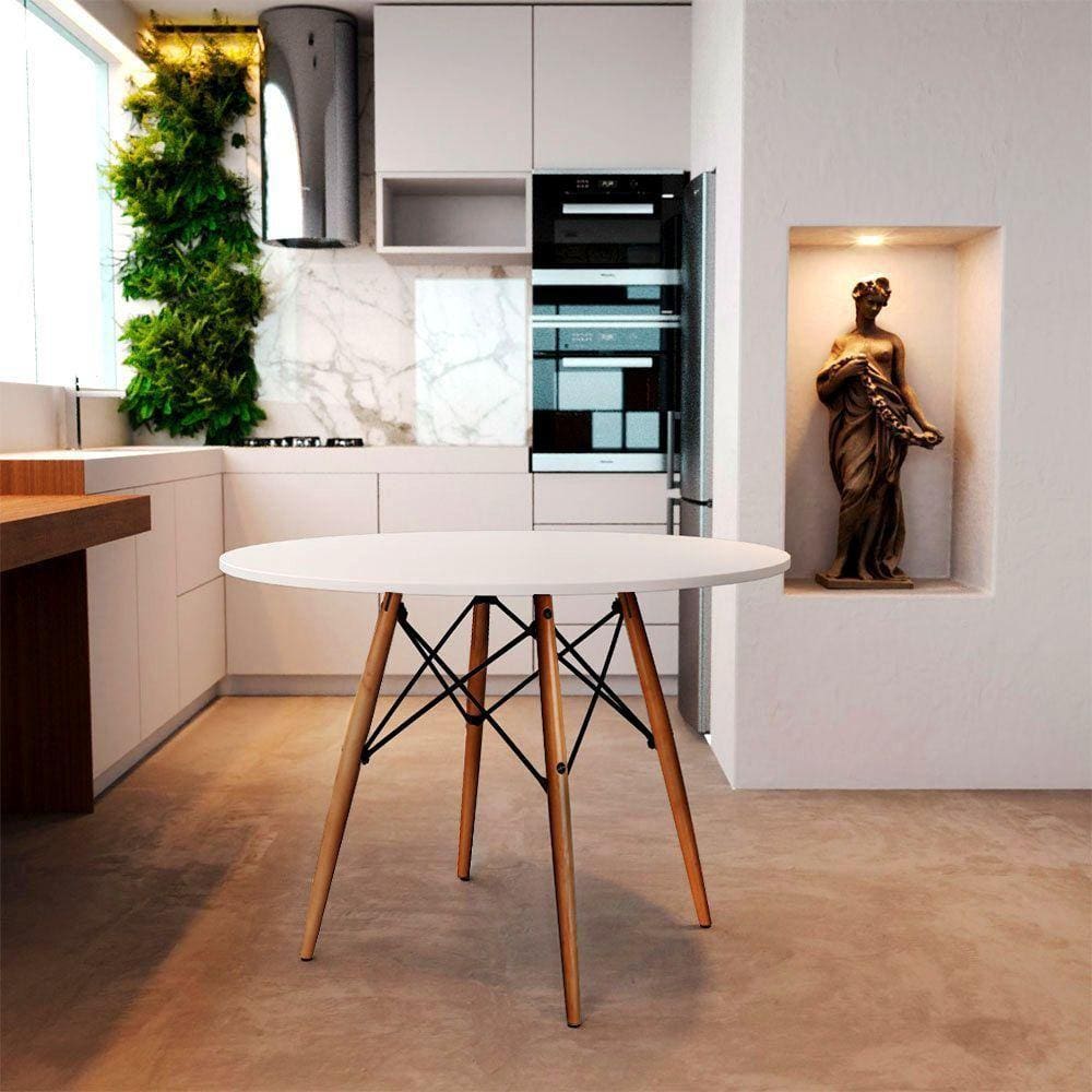 Mesa Redonda De Jantar 90Cm Branca Base Madeira Maciça